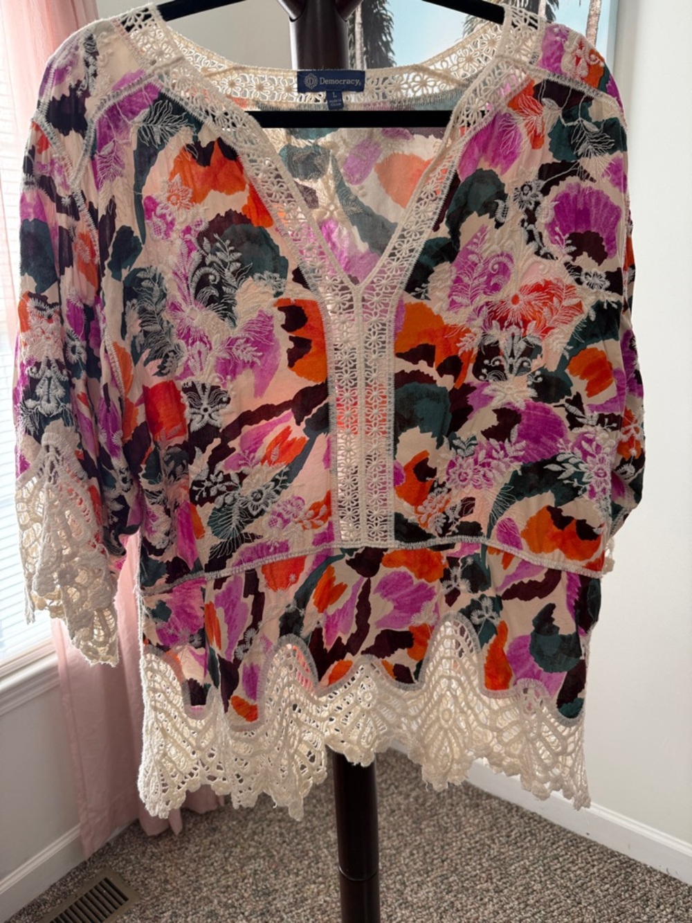 Democracy Lace-Trim Floral V-Neck Tunic in Multi-Color